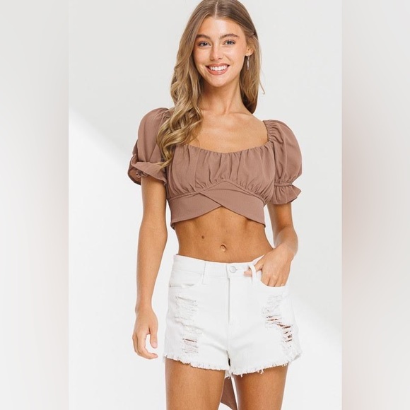 Bubble Crepe Tied Hem Puff Sleeve Crop Top - Picture 2 of 4